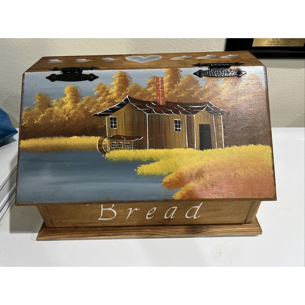 Painted Wood Bread Box Cottage Core Granny Hearts Water Mill VTG Farmhouse